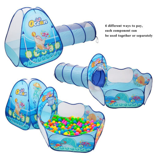 3-in-1 Pop Up Play Tent House with Tunnel & Ball Pool for Kids - Ocean Theme (Absorted Colour And Prints) - Image 2