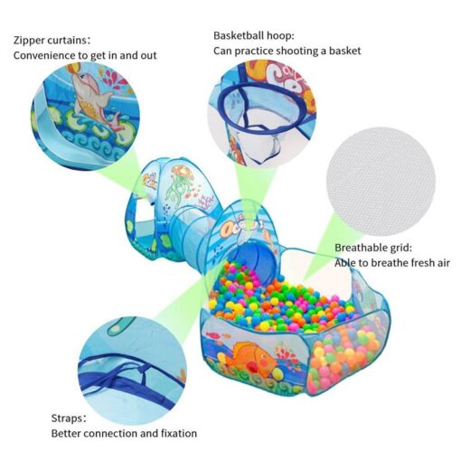 3-in-1 Pop Up Play Tent House with Tunnel & Ball Pool for Kids - Ocean Theme (Absorted Colour And Prints) - Image 3