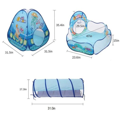 3-in-1 Pop Up Play Tent House with Tunnel & Ball Pool for Kids - Ocean Theme (Absorted Colour And Prints) - Image 5