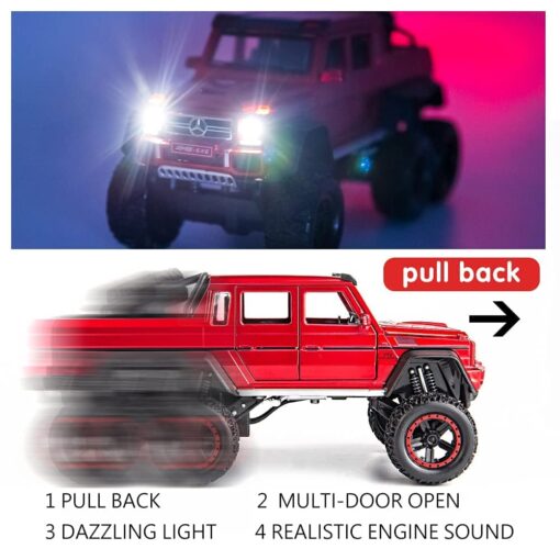Auto Toy Car for Kids - Diecast Exclusive Metal Pull Back Car Scale Model with Sound & Light, Mini Auto Toys for Kids (1:24 AMG 6x6 - Red) - Image 4