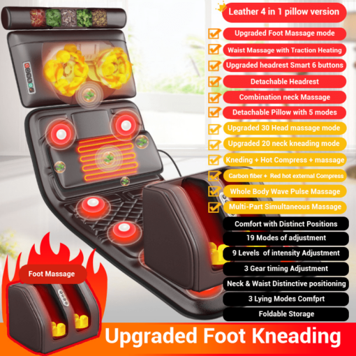 StarAndDaisy 4D Heated Massage Mat with 20 Neck Shiatsu Kneading Heads Body Relieving Back & Leg Pain with Foot Massager (Brown) - Image 4