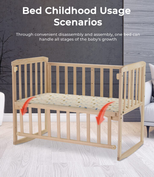 StarAndDaisy Aristocratic Multifunctional Wooden Cot Crib For Baby, Baby Swing Bedside sleeper Children’s Bed With Rollers, Good Sleep Newborn Baby Bed Natural Wood - Image 3