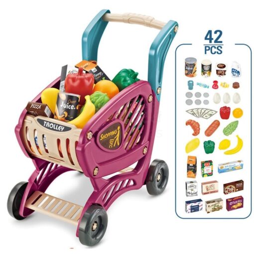 Supermarket Trolley Pretend Play Toys Kids Role Push Shop Store Shopping Cart Cashier Cooking (42 Pcs. Accessories)