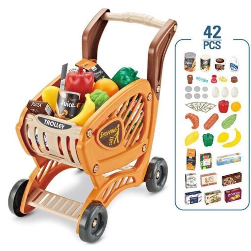 Supermarket Trolley Pretend Play Toys Kids Role Push Shop Store Shopping Cart Cashier Cooking (42 Pcs. Accessories) - Image 8