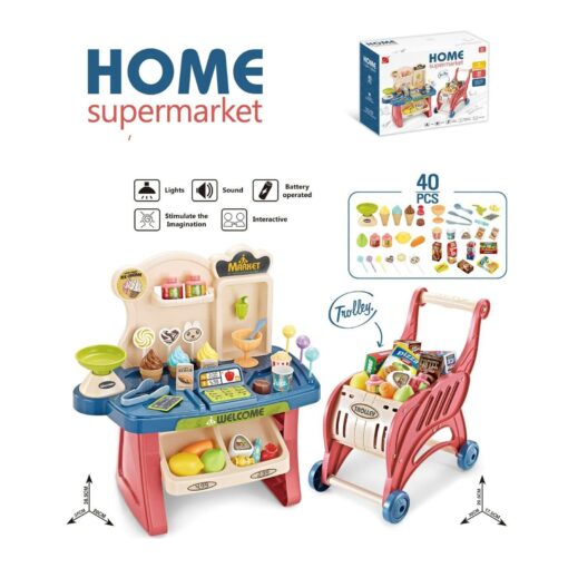 Supermarket Trolley Pretend Play Toys Kids Role Push Shop Store Shopping Cart Cashier Cooking (40 Pcs. Accessories)