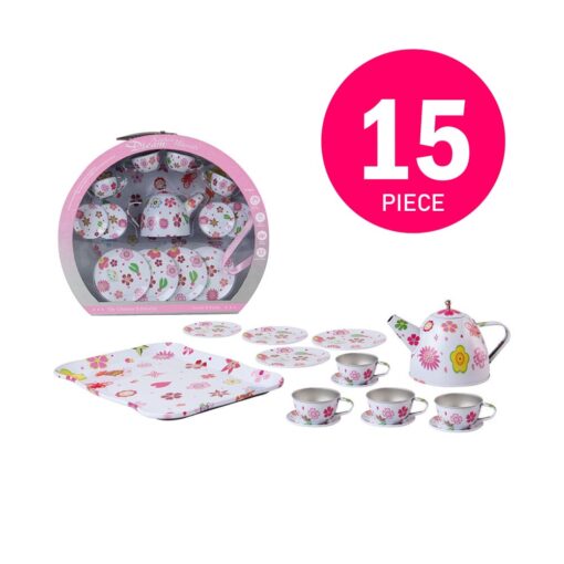 Kids Tea Set Tin 15 Piece Pink Tin Tea Party Set for Tea Party and Kids Kitchen Pretend Play with a Carry Case For 3 years and up