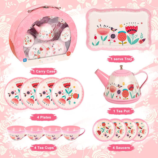 Kids Tea Set Tin 15 Piece Pink Tin Tea Party Set for Tea Party and Kids Kitchen Pretend Play with a Carry Case For 3 years and up - Image 6
