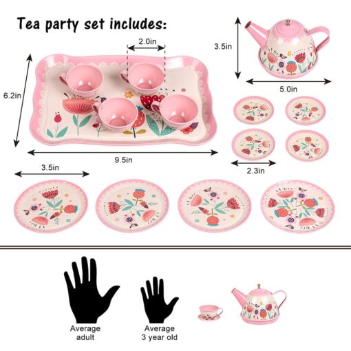 Kids Tea Set Tin 15 Piece Pink Tin Tea Party Set for Tea Party and Kids Kitchen Pretend Play with a Carry Case For 3 years and up - Image 7