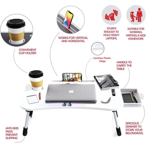 SND Homes Multi-Purpose Foldable Cartoon Beauty Laptop Bed Table with Drawer Storage Wood Portable Laptop Table  (Finish Color - White, Pre Assembled) - Image 4
