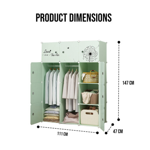 StarAndDaisy Portable Storage Cubes-14 x14 Cube (12 Cubes)-More Stable (add Metal Panel) Cube Shelves with Doors Wardrobe for Kids/Babies (Multicolor Green) - Image 11