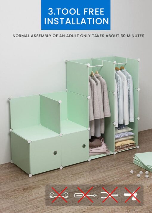 StarAndDaisy Portable Storage Cubes-14 x14 Cube (12 Cubes)-More Stable (add Metal Panel) Cube Shelves with Doors Wardrobe for Kids/Babies (Multicolor Green) - Image 5
