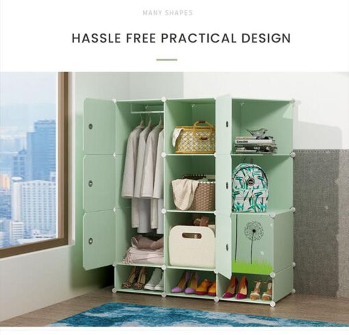 StarAndDaisy Portable Storage Cubes-14 x14 Cube (12 Cubes)-More Stable (add Metal Panel) Cube Shelves with Doors Wardrobe for Kids/Babies (Multicolor Green) - Image 7