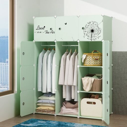 StarAndDaisy Portable Storage Cubes-14 x14 Cube (12 Cubes)-More Stable (add Metal Panel) Cube Shelves with Doors Wardrobe for Kids/Babies (Multicolor Green)