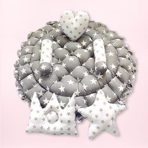 StarAndDaisy Round Baby Tub Bed With 5 Baby Pillow Luxury Baby Mattress Bed Sleeper Bedding Set Co-Sleeper, Rich Cotton Fabric with R-Filled Ultra-Soft Comfortable for Newborn to Toddlers (Grey & White) - Image 3