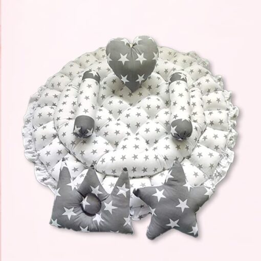 StarAndDaisy Round Baby Tub Bed With 5 Baby Pillow Luxury Baby Mattress Bed Sleeper Bedding Set Co-Sleeper, Rich Cotton Fabric with R-Filled Ultra-Soft Comfortable for Newborn to Toddlers (Grey & White) - Image 4