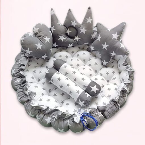 StarAndDaisy Round Baby Tub Bed With 5 Baby Pillow Luxury Baby Mattress Bed Sleeper Bedding Set Co-Sleeper, Rich Cotton Fabric with R-Filled Ultra-Soft Comfortable for Newborn to Toddlers (Grey & White) - Image 2