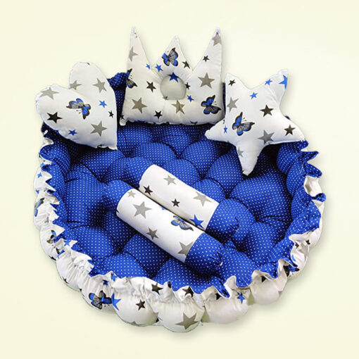 StarAndDaisy Round Baby Tub Bed With 5 Baby Pillow Luxury Baby Mattress Bed Sleeper Bedding Set Co-Sleeper, Rich Cotton Fabric with R-Filled Ultra-Soft Comfortable for Newborn to Toddlers (White & Blue) - Image 3