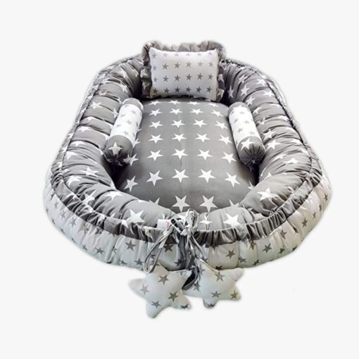 StarAndDaisy Baby Nest Bed with 3 Baby Pillow Luxury Baby Mattress Bed Sleeper Bedding Set co-Sleeper, Safe Cotton Fabric with R-Filled Ultra-Soft Comfortable for Newborn to Toddlers (Grey & White)