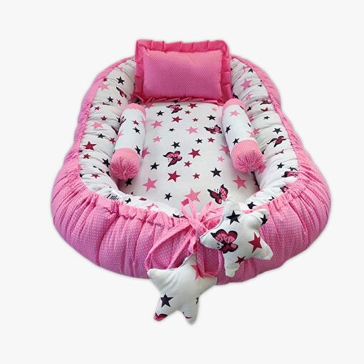 StarAndDaisy Baby Nest Bed with 3 Baby Pillows - Luxury Baby Mattress Sleeper Bedding Set for Newborn to Toddlers - Pink and White