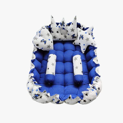 StarAndDaisy Rectangle Baby Tub Bed With 5 Baby Pillows - Luxury Baby Sleeping Bedding Set Newborn to Toddlers -  White and Blue - Image 2