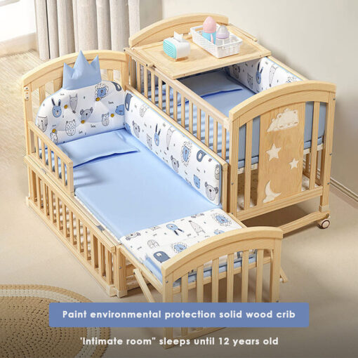 StarAndDaisy 12 in 1 Baby Cot Crib with Mattress, Mosquito Net and Adjustable Stand, Wheels and Large Storage Space and Convertible Baby Wooden Cradle (Natural Wood | With Mattress) - Image 3