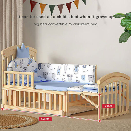 StarAndDaisy 12 in 1 Baby Cot Crib with Mattress, Mosquito Net and Adjustable Stand, Wheels and Large Storage Space and Convertible Baby Wooden Cradle (Natural Wood | With Mattress) - Image 5