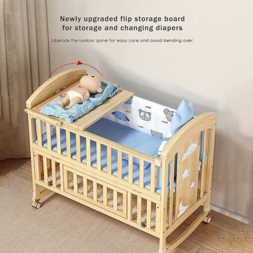 StarAndDaisy 12 in 1 Baby Cot Crib with Mattress, Mosquito Net and Adjustable Stand, Wheels and Large Storage Space and Convertible Baby Wooden Cradle (Natural Wood | With Mattress) - Image 7