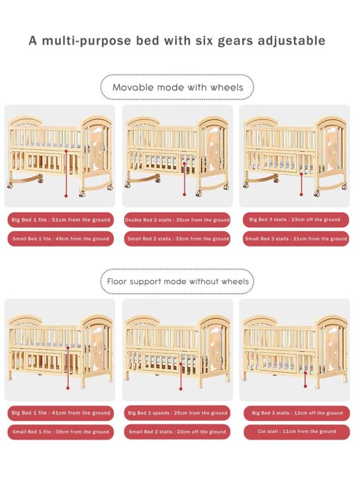 StarAndDaisy 12 in 1 Baby Wooden Cot Bed, Convertible Manual Cradle with Mattress, Bumper Set, Mosquito Net & Adjustable Stand (Natural Wood | With Mattress & Bumper Set) - Image 12