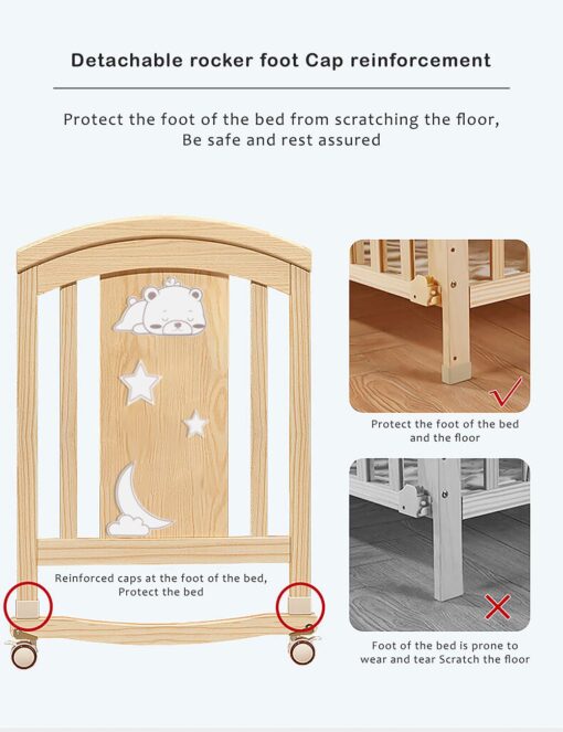 StarAndDaisy 12 in 1 Baby Wooden Cot Bed, Convertible Manual Cradle with Mattress, Bumper Set, Mosquito Net & Adjustable Stand (Natural Wood | With Mattress & Bumper Set) - Image 13