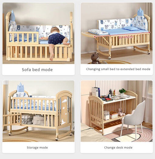 StarAndDaisy 12 in 1 Baby Wooden Cot Bed, Convertible Manual Cradle with Mattress, Bumper Set, Mosquito Net & Adjustable Stand (Natural Wood | With Mattress & Bumper Set) - Image 15