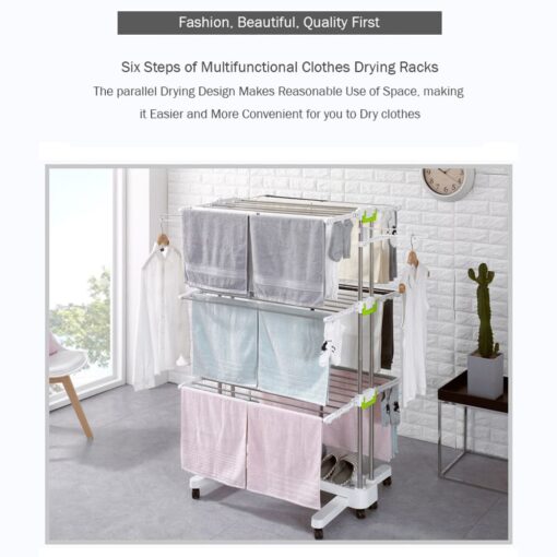 SND Home 3-Tier Collapsible Clothes Drying Rack with Casters, Stainless Steel Hanging Rods, Indoor & Outdoor Use - Image 6
