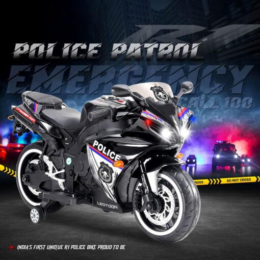 Police Electric Motor Bike Rechargeable Battery Operated Motorcycle Ride on Bike-Ride on Kids- Kids to Drive Toy Bike Suitable for for Boys, Girls Age for 3-7 Years (Black | LFB-R1-Leotoon Police Bike) - Image 2