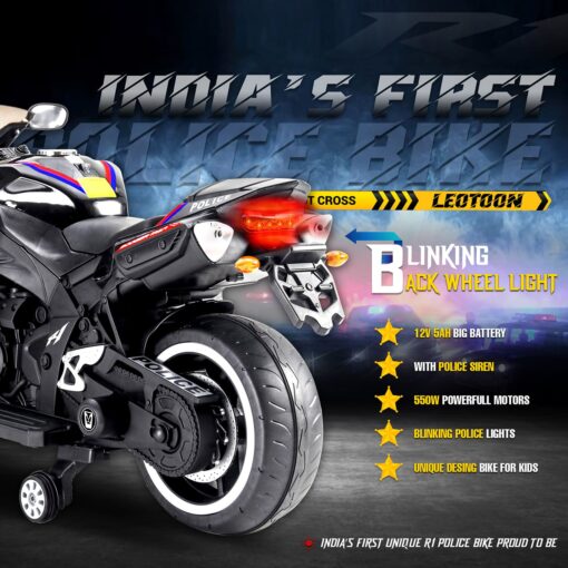Police Electric Motor Bike Rechargeable Battery Operated Motorcycle Ride on Bike-Ride on Kids- Kids to Drive Toy Bike Suitable for for Boys, Girls Age for 3-7 Years (Black | LFB-R1-Leotoon Police Bike) - Image 5