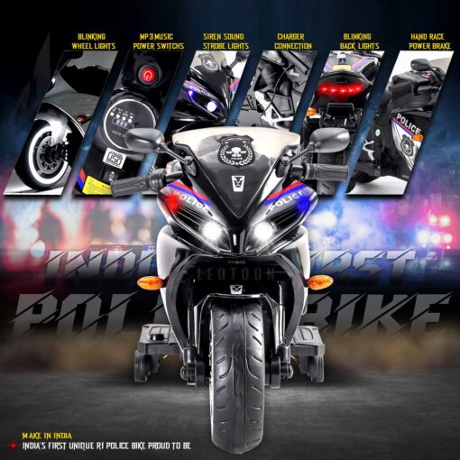 Police Electric Motor Bike Rechargeable Battery Operated Motorcycle Ride on Bike-Ride on Kids- Kids to Drive Toy Bike Suitable for for Boys, Girls Age for 3-7 Years (Black | LFB-R1-Leotoon Police Bike) - Image 7