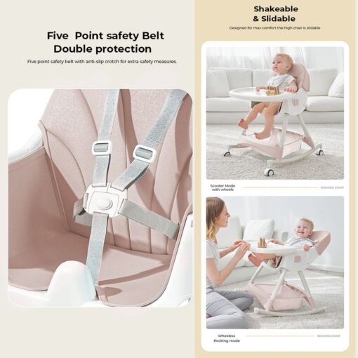 StarAndDaisy Portable Upgraded Feeding High Chair For Infants with Incredible Rocking Feature and 5-Point Safety Belt - Light Pink - Image 9