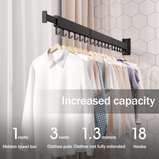 SND Home Wall Mounted Folding Clothes Drying Rack, Collapsible and Retractable Space Saver Heavy Duty Laundry Drying Rack with Towel Bar (Black) - Image 4