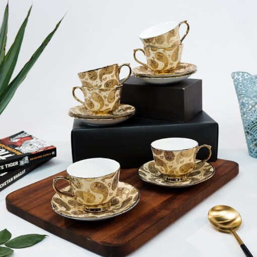 SND Homes Pack of 6 Bone China Cup & Saucer Set of 6 - Carpet Series  (Golden) - Image 2