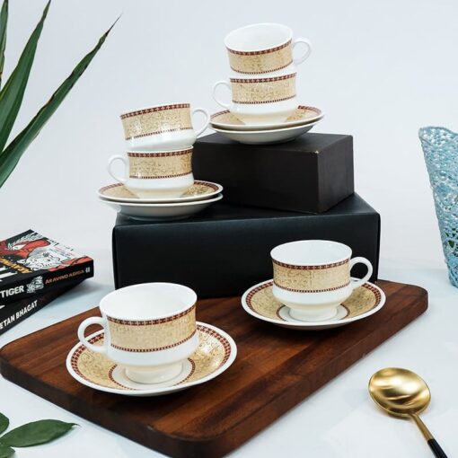 SND Homes Pack of 6 Bone China Cup & Saucer Set of 6 - Carpet Series (White) - Image 2