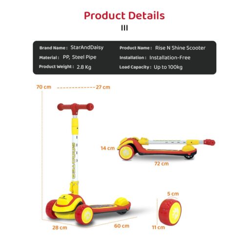 StarAndDaisy Rise 'n' Shine Kids Scooter with LED Light-Up Deck & Wheel with Music for 3 to 12 Year Kids - Red Yellow - Image 8