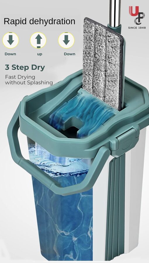 SND Homes Green Upgraded Hands-Free Squeeze Microfiber Flat Mop System 360° Flexible Head Flat Spin Mop with Bucket (38X12.5 cm) Mop with (1+1) Super-Absorbent Microfiber Pads - Image 3