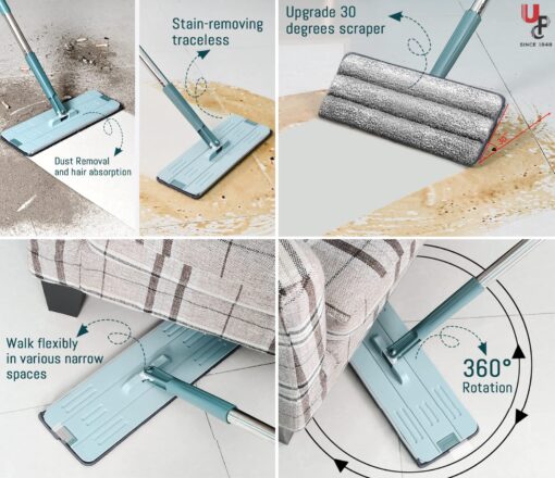 SND Homes Green Upgraded Hands-Free Squeeze Microfiber Flat Mop System 360° Flexible Head Flat Spin Mop with Bucket (38X12.5 cm) Mop with (1+1) Super-Absorbent Microfiber Pads - Image 4