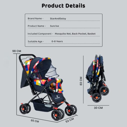 StarAndDaisy Sunrise Baby Stroller and Pram with Extended Mosquito Net and Ultra Soft Cushions & Reversible Handlebar (Prism Multicolor) - Image 8