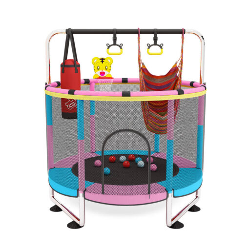StarAndDaisy Kids Trampoline with Safety Net, Pull-Up Handle, Hanging Boxing Bag, and Exciting Swing for Kids (Pink & Blue)