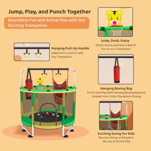 StarAndDaisy Kids Trampoline with Safety Net, Pull-Up Handle, Hanging Boxing Bag, and Exciting Swing for Kids (Pink & Blue) - Image 6