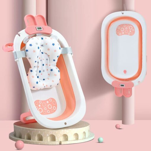 Smart Anti-Slip Collapsible Bathing Tub for Newborn With Temperature Meter, Soap Bar and Cushion for Newborn Toddler (Baby Pink | With Soap-Bar) - StarAndDaisy