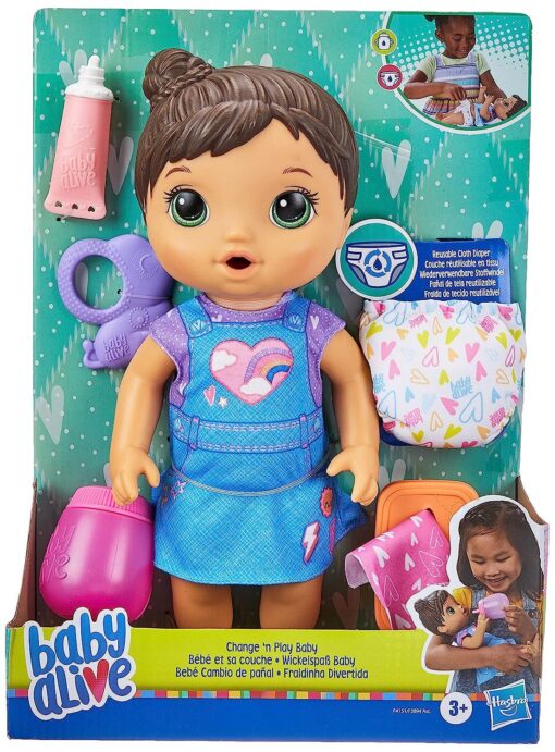 Baby Alive Change Play Baby Doll - Doll Drinks and Wets, Comes with Reusable Cloth Diaper, 12-Inch Doll with Brown Hair for Girls, Toy for Girls Ages 3 Years and Up (F4151) - Image 3
