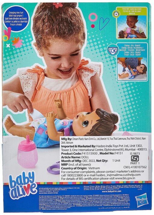 Baby Alive Change Play Baby Doll - Doll Drinks and Wets, Comes with Reusable Cloth Diaper, 12-Inch Doll with Brown Hair for Girls, Toy for Girls Ages 3 Years and Up (F4151) - Image 5