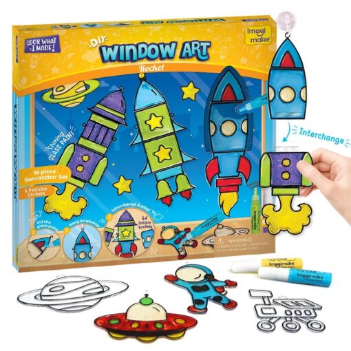 Imagimake Window Art - Rocket - 16 Pieces Glass Painting Set - Astronaut, Rover, Space Designs - Craft Kit for Boys & Girls 5 Years & Above