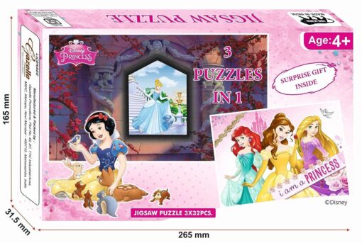 3 in 1 Disney Princess Jigsaw Puzzle Game for Age Group 4 Years and Above - 96 Pieces, Multicolor