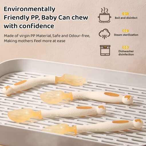 StarAndDaisy Silicone Baby Feeding/Training Spoon and Fork Set with Anti-Bacterial PP Storage Box (Orange & Cream) - Image 2
